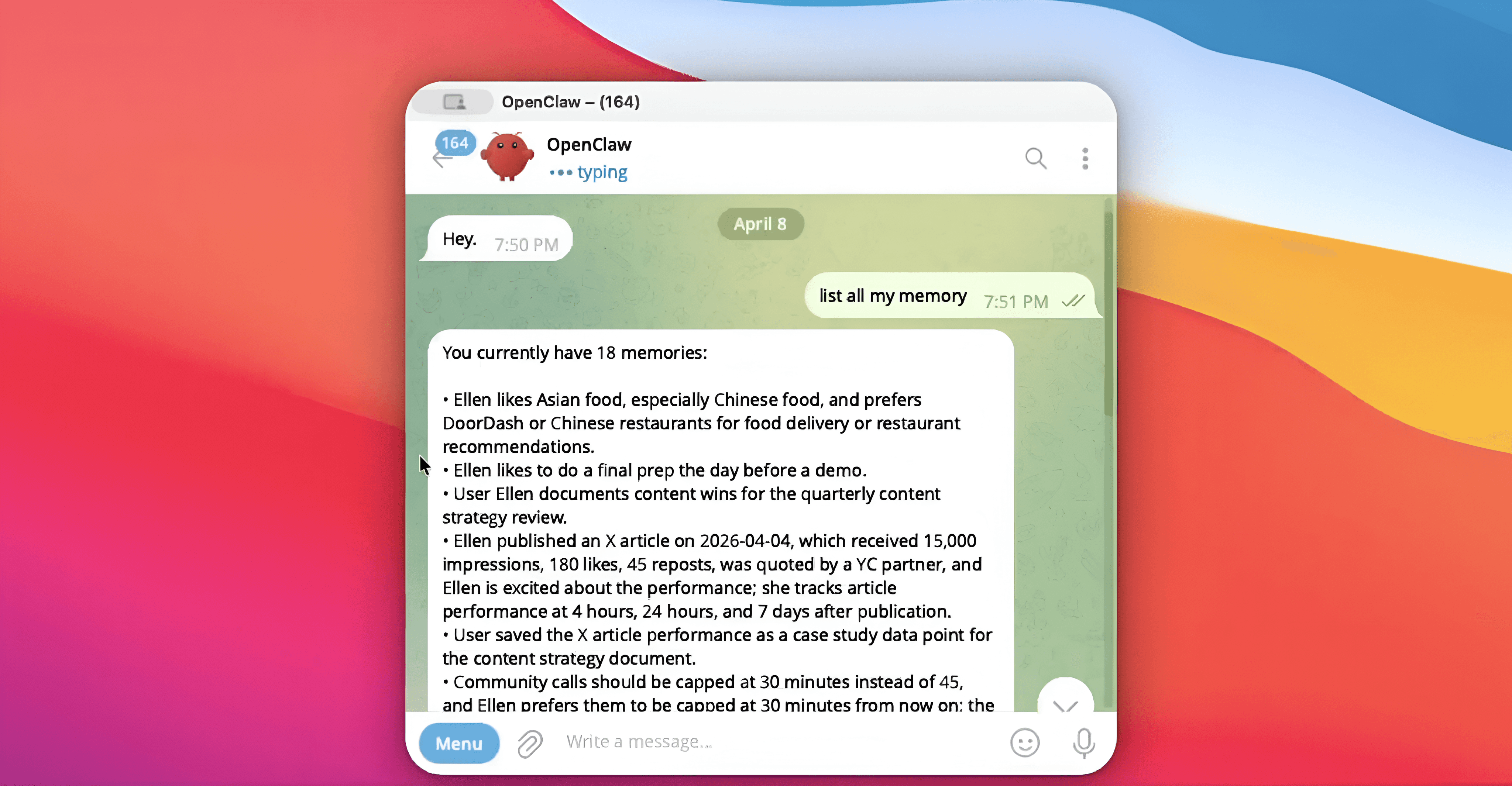 Searching memories in OpenClaw chat