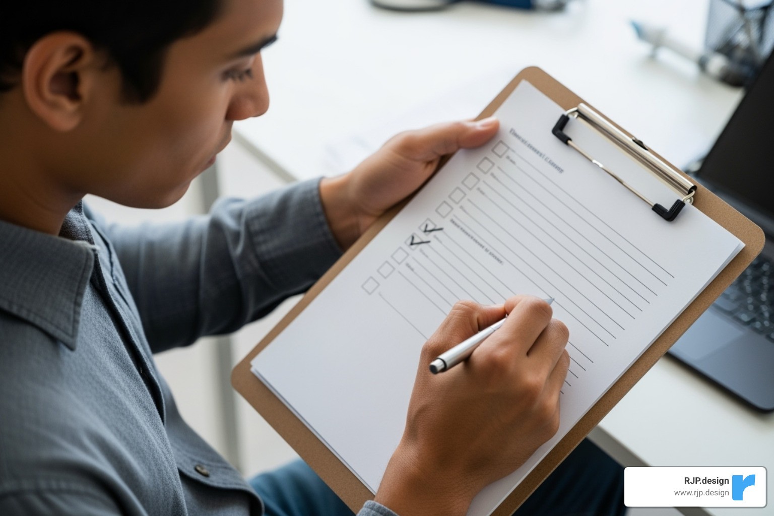 person carefully reviewing a checklist on a clipboard - best digital marketing service provider