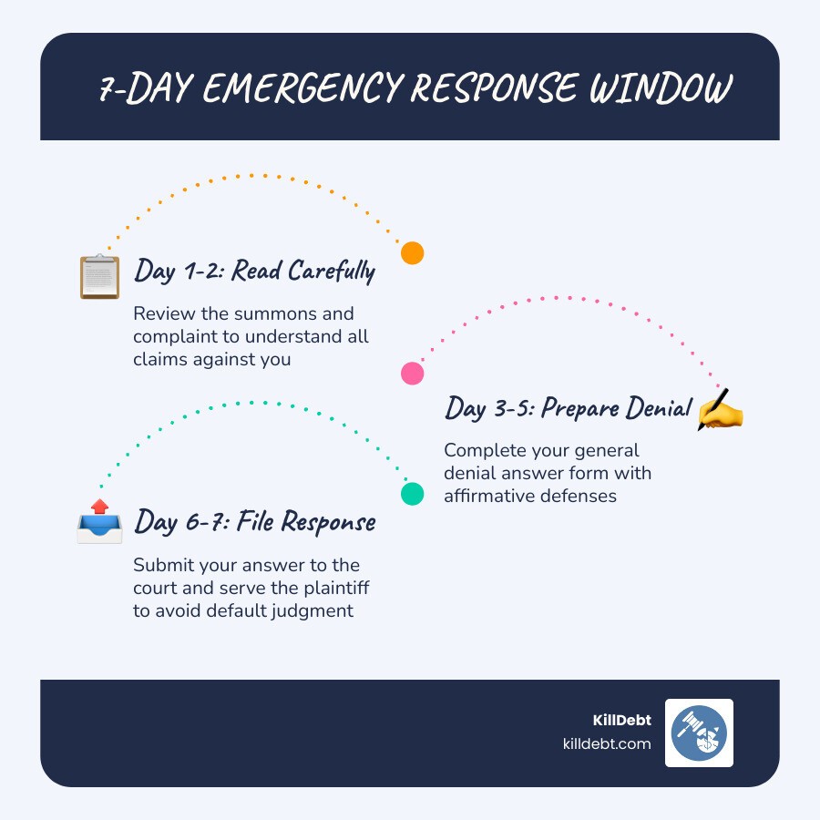 7-day emergency response window for debt lawsuits highlighting critical early steps infographic
