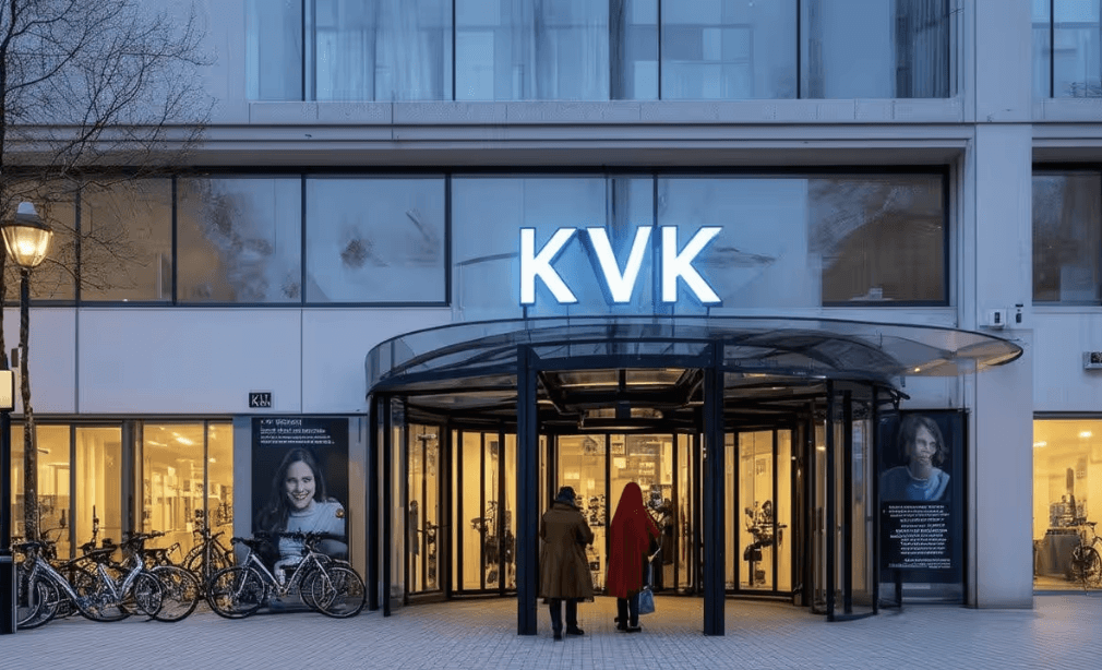 Ingang van een KVK (Kamer van Koophandel) gebouw in Nederland, met draaiende deuren, fietsen en bezoekers bij de entree in de avond.