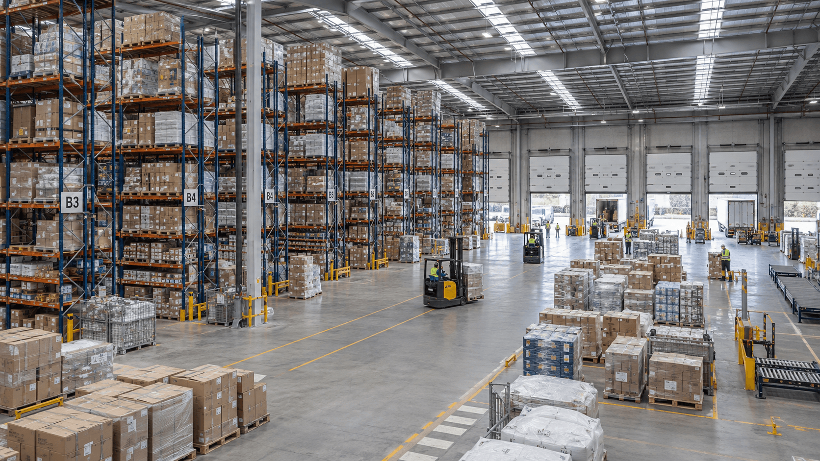 Distribution warehouse with racking and forklifts
