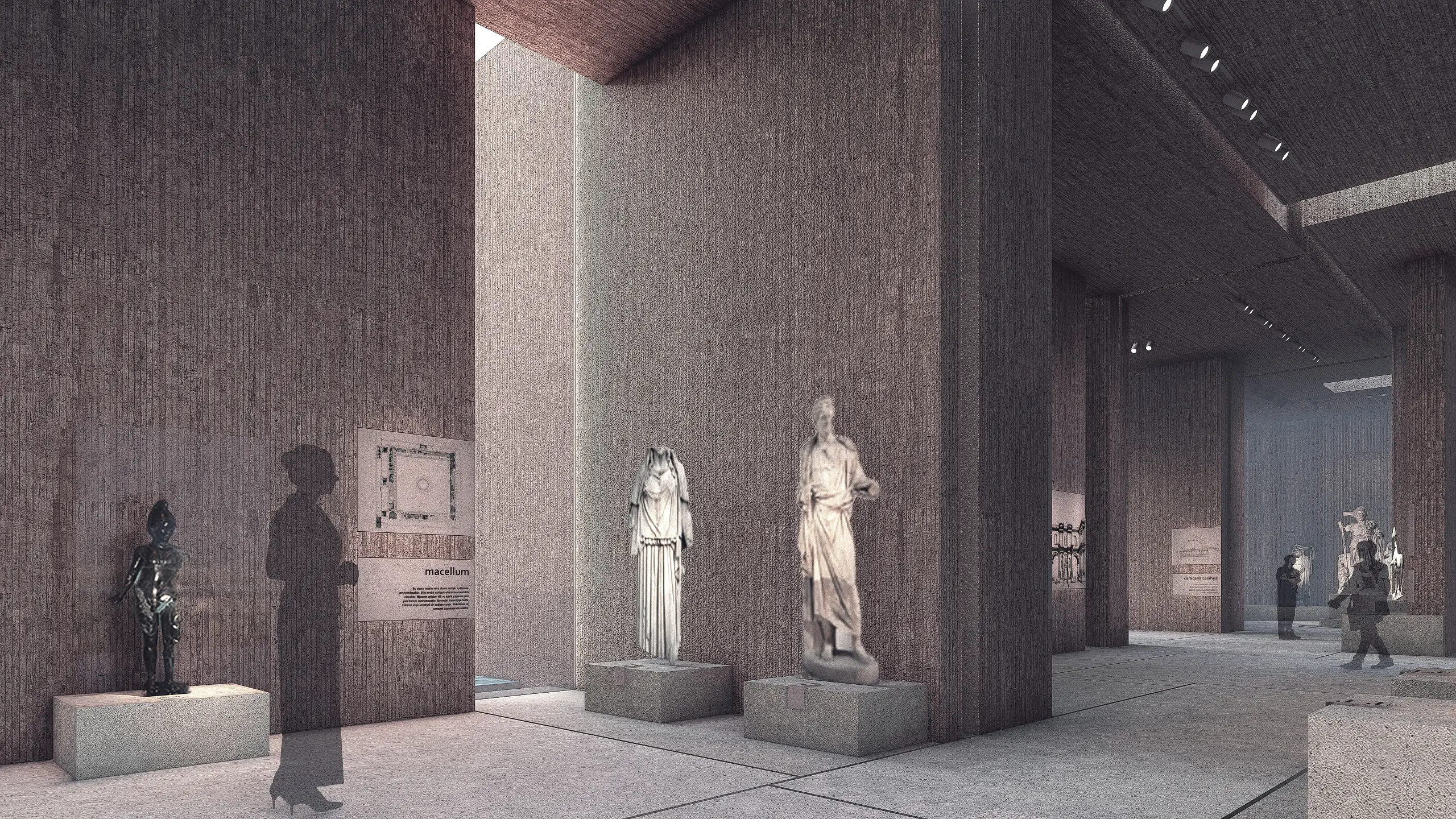 Ancient statues displayed in a tall, top-lit gallery