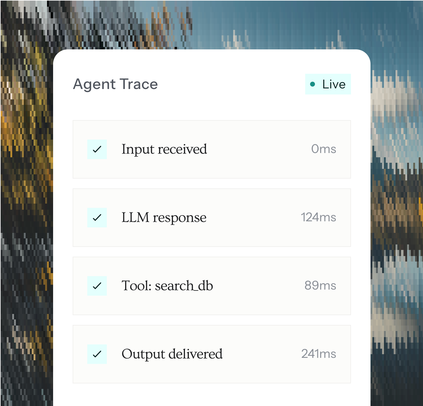 AI automation dashboard showing agent execution steps, response times, and workflow trace in a clean UI.