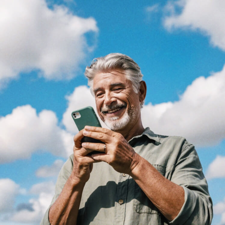 A gray-haired man smiles while looking at his smartphone against a backdrop of a blue sky filled with fluffy white clouds.