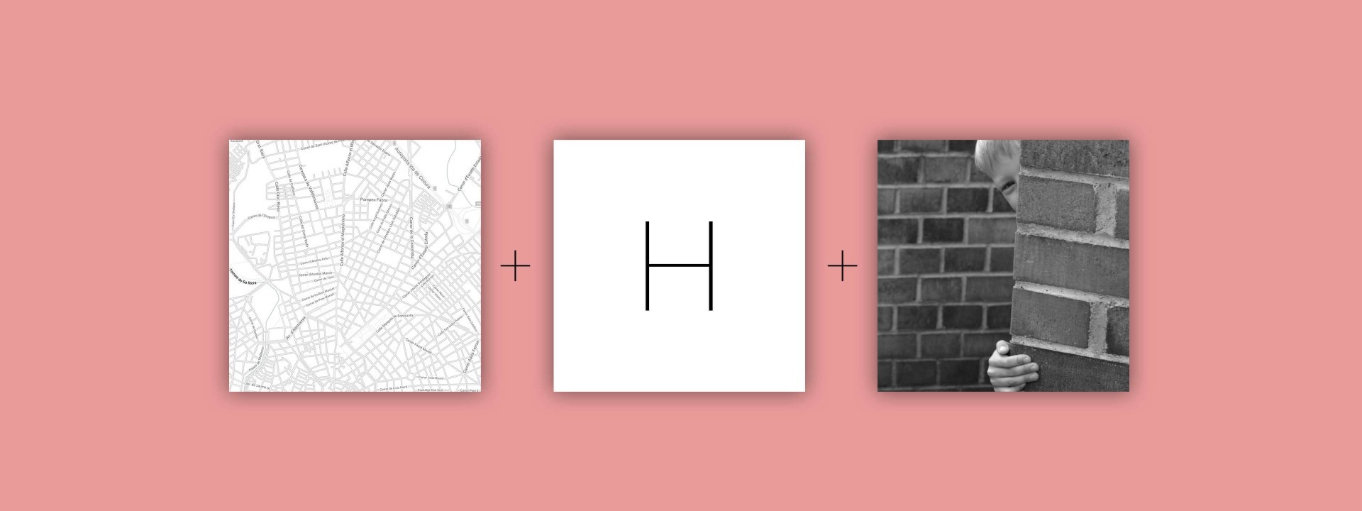 Mapa + letra H + niño detrás de una pared de ladrillo como explicación de logotipo