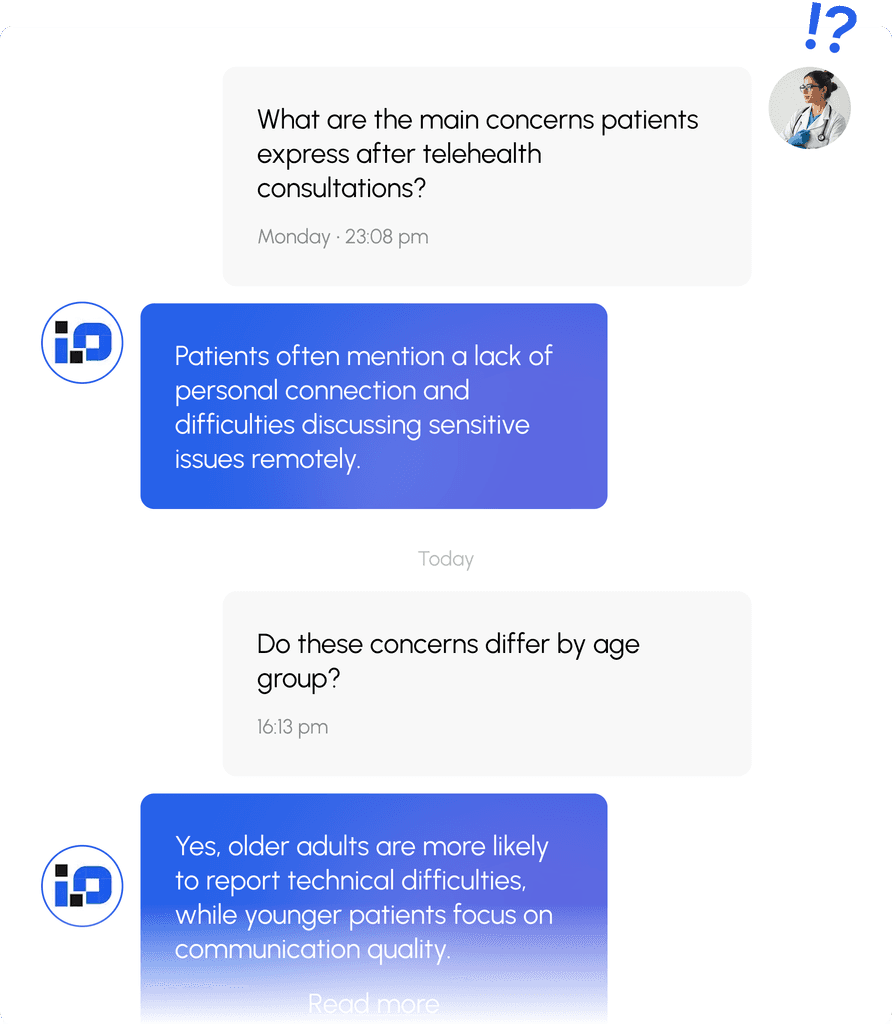 Q-Insights app interface showing a research conversation