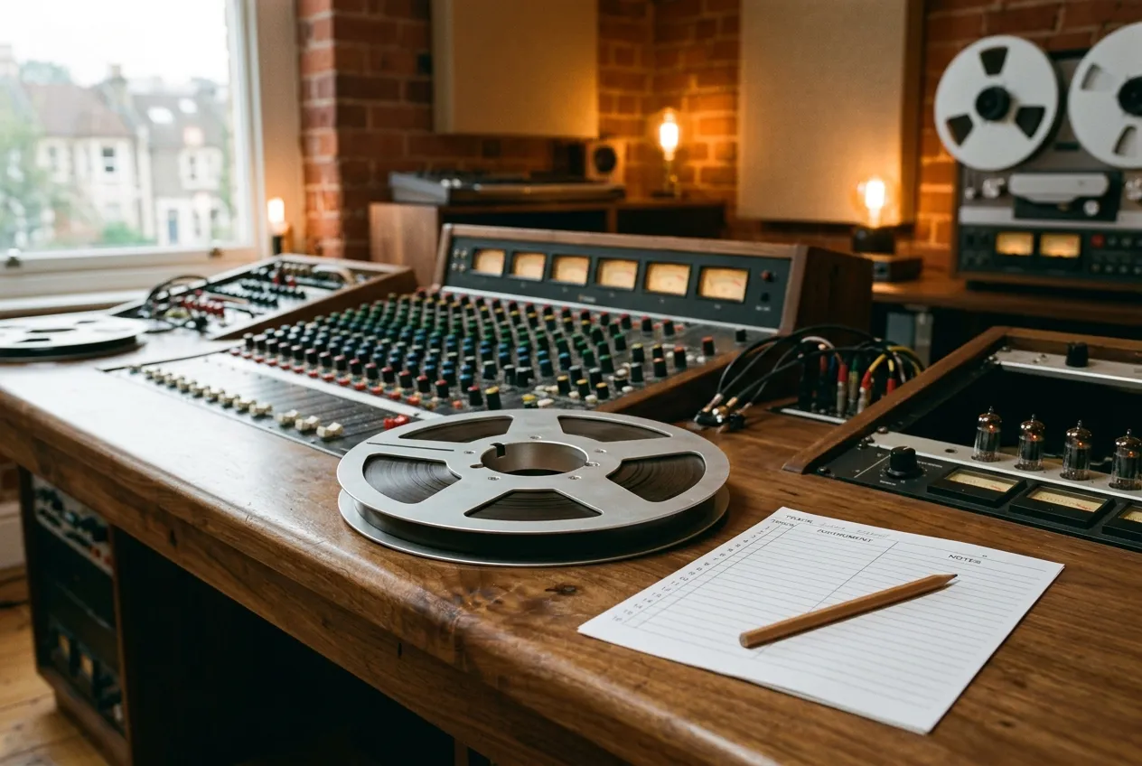A reel of two-inch tape beside a track sheet