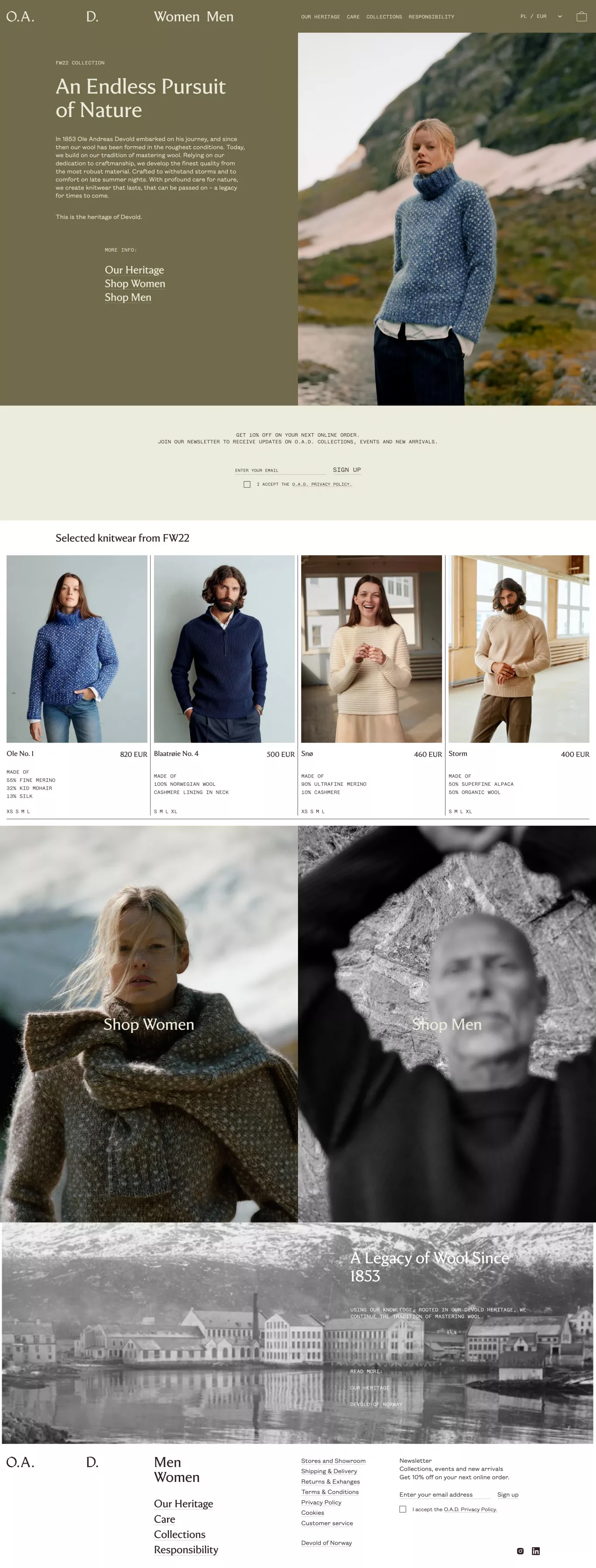 O.A.D. - Knitwear that lasts ecommerce page screenshot showcasing Design and Fashion design
