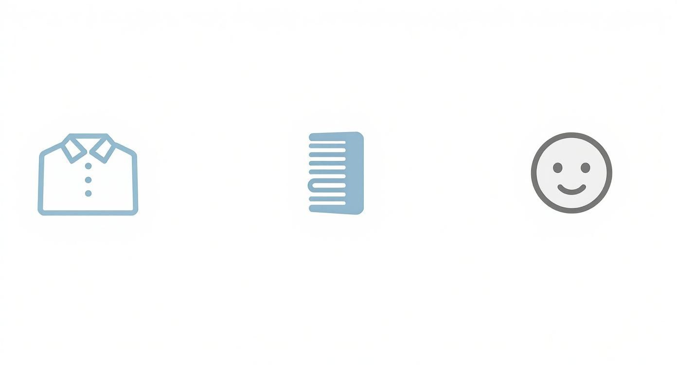 Drei Symbole auf weißem Hintergrund: ein Hemd, ein Kamm und ein lächelndes Gesicht.