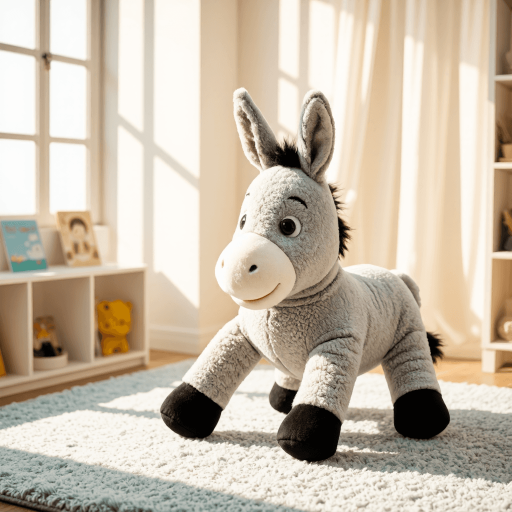 product photography of a plush toy of a cartoon donkey character, used for cuddling or decoration