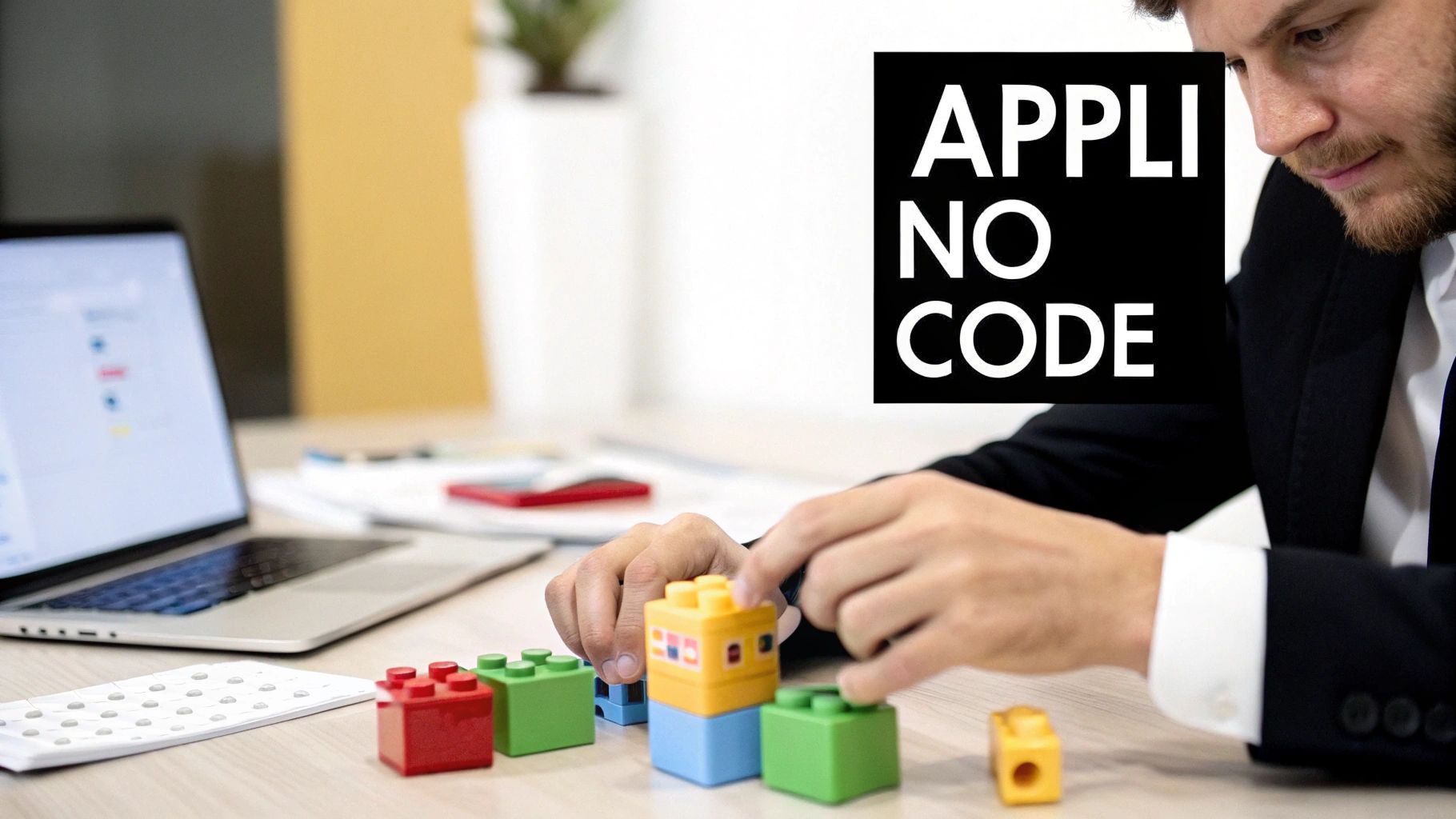 Homme en costume construisant avec des blocs de construction, un ordinateur portable en arrière-plan, affichant 'APPLI NO CODE'.