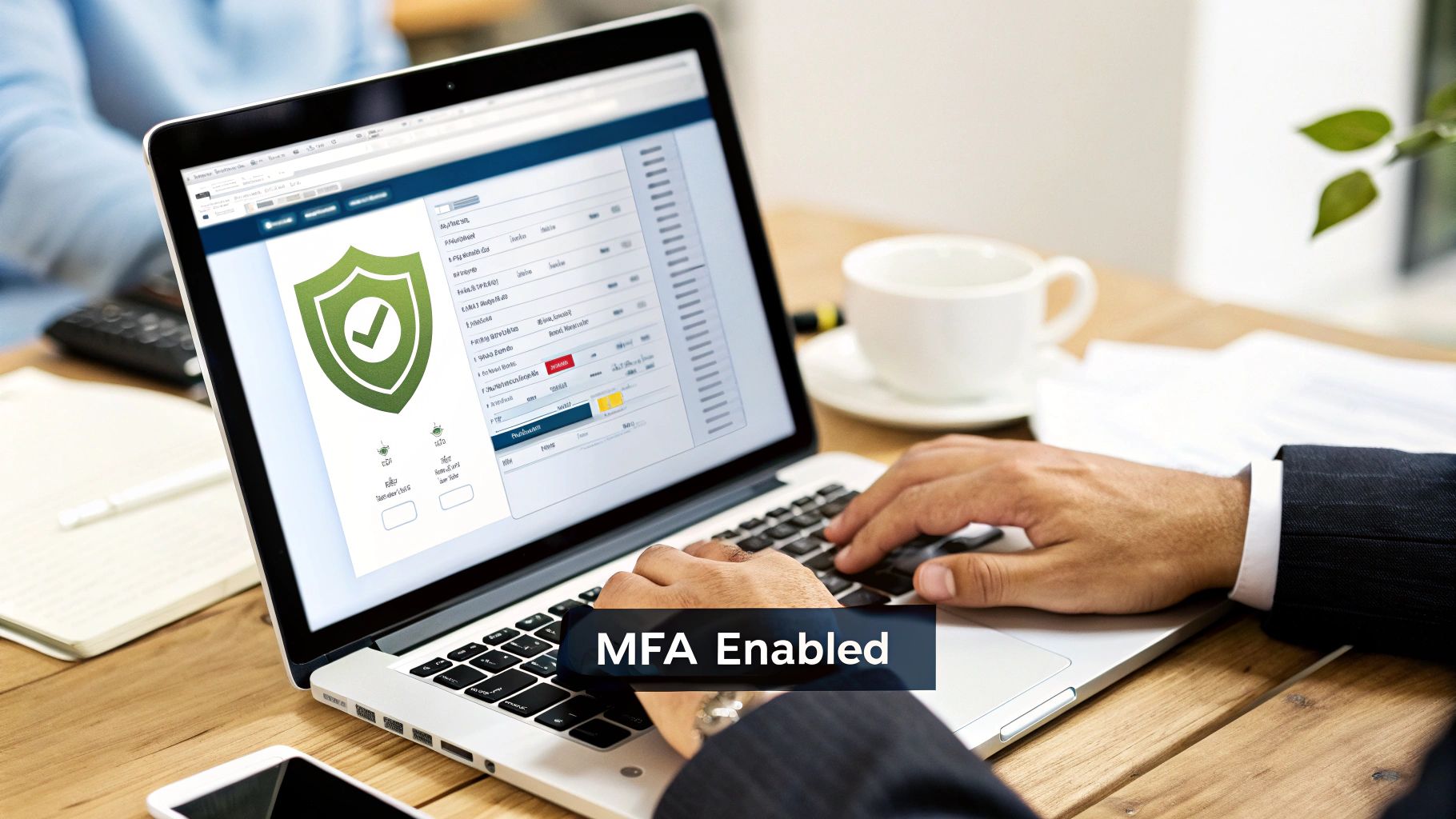 A person types on a laptop displaying a security shield icon and 'MFA Enabled' text on screen.
