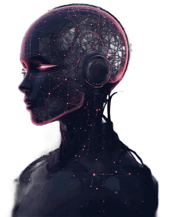 A futuristic robot woman with glowing pink lines on her face and body