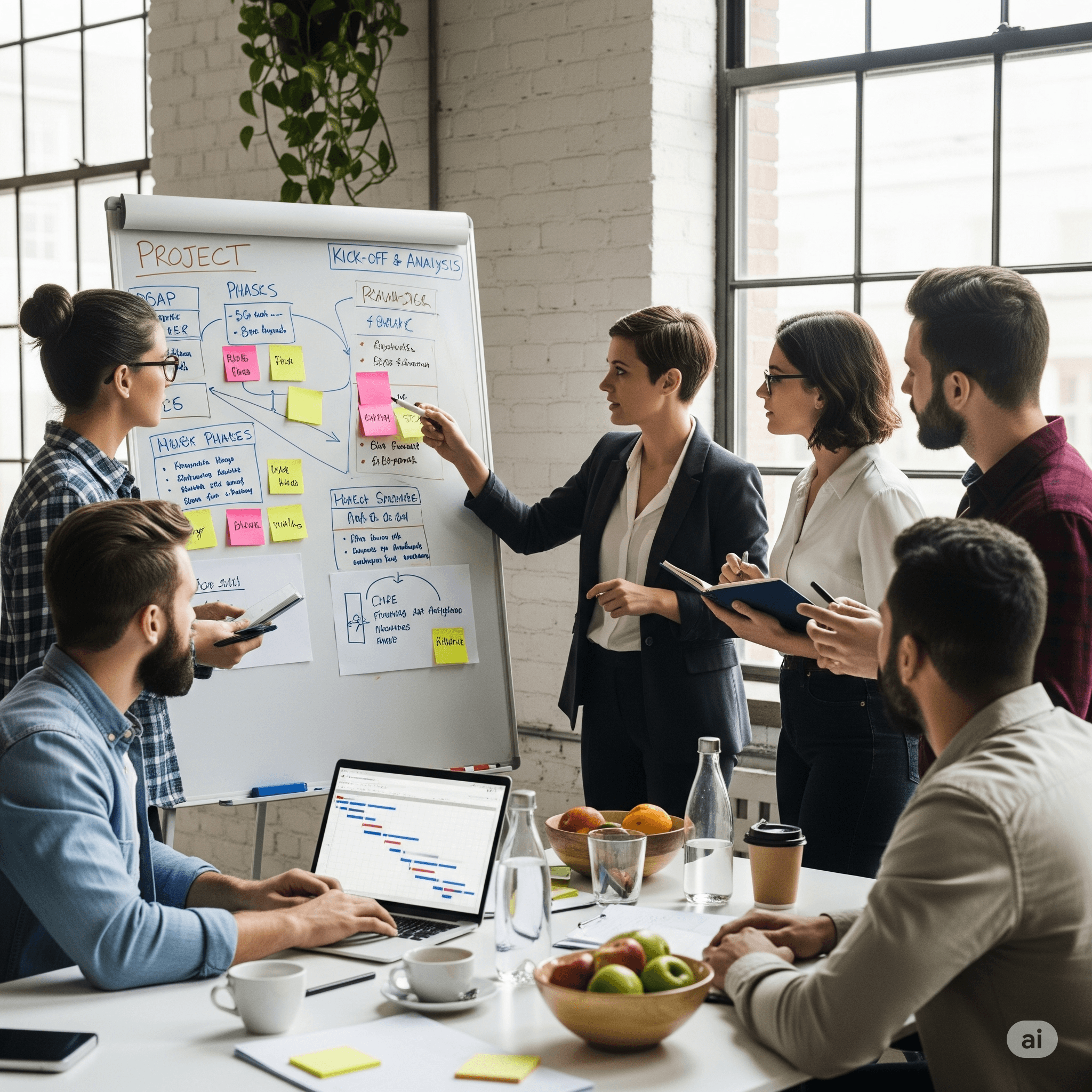 Team members in an office setting having a discussion, representing clear communication throughout the project process.