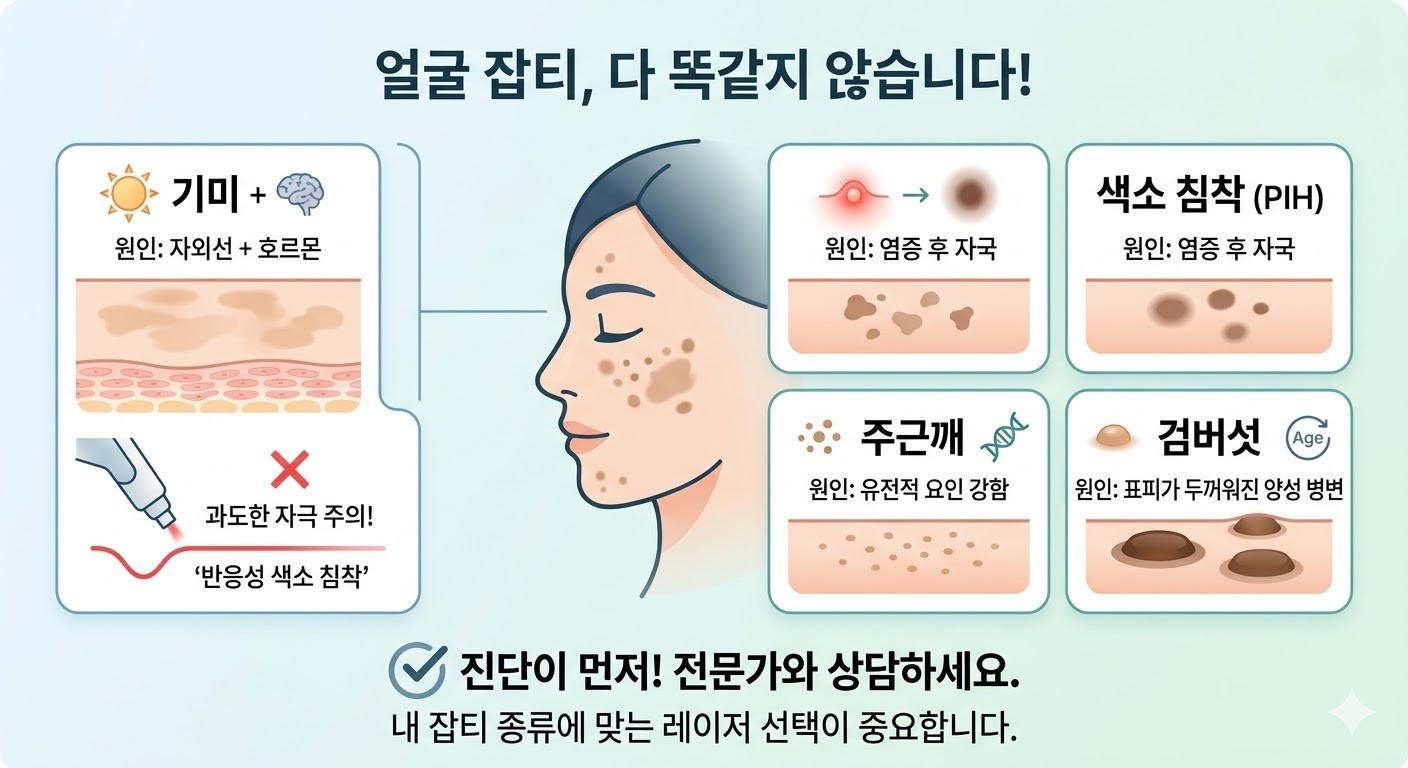 기미 주근깨 색소침착 차이 - 얼굴 잡티 레이저 종류 비교
