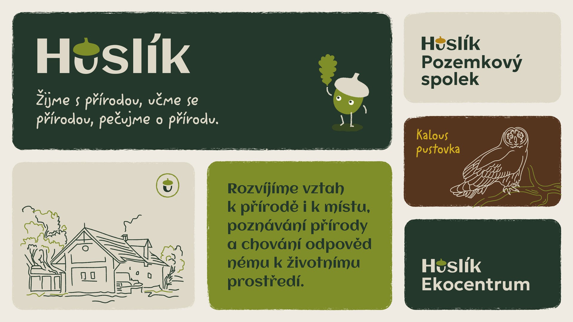 Huslík brand identity overview by SLOWRAT — wordmark, custom typography, sub-brand applications, hand-drawn illustrations, and the Huslíček mascot