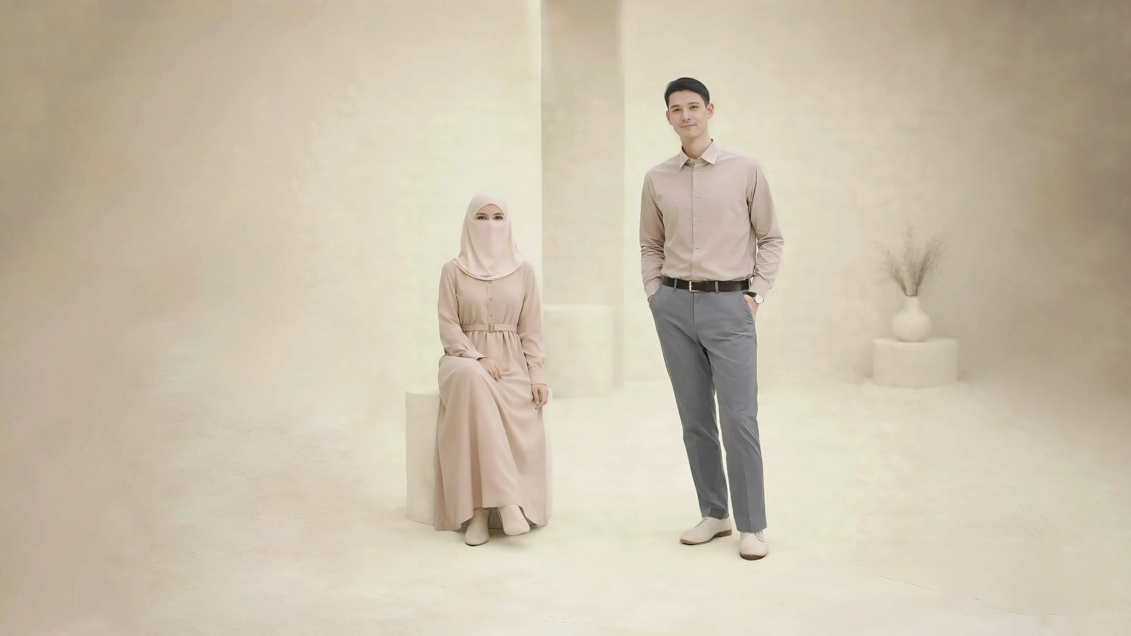 Modestly dressed man and woman standing together in a calm editorial setting