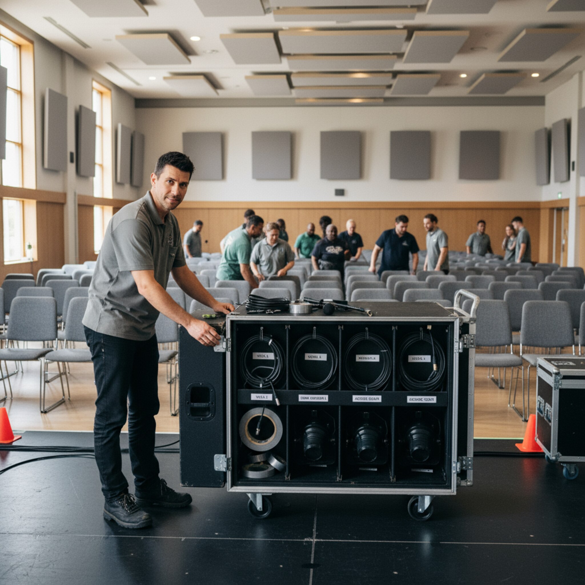 Ein Equipmentwagen mit sauber sortierten Mikrofonen, Kabeln und Scheinwerfern steht neben der Bühne. Ein Techniker prüft gelassene Details an einem Lautsprecher, während hinten Stühle in Reihen ergänzt werden. Alles wirkt geordnet, bereit und auf die passende Kapazität abgestimmt.