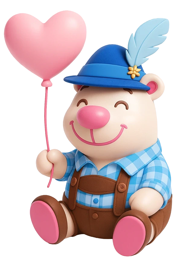A cute, smiling pink teddy bear holding a heart-shaped balloon, sitting with its paws outstretched.