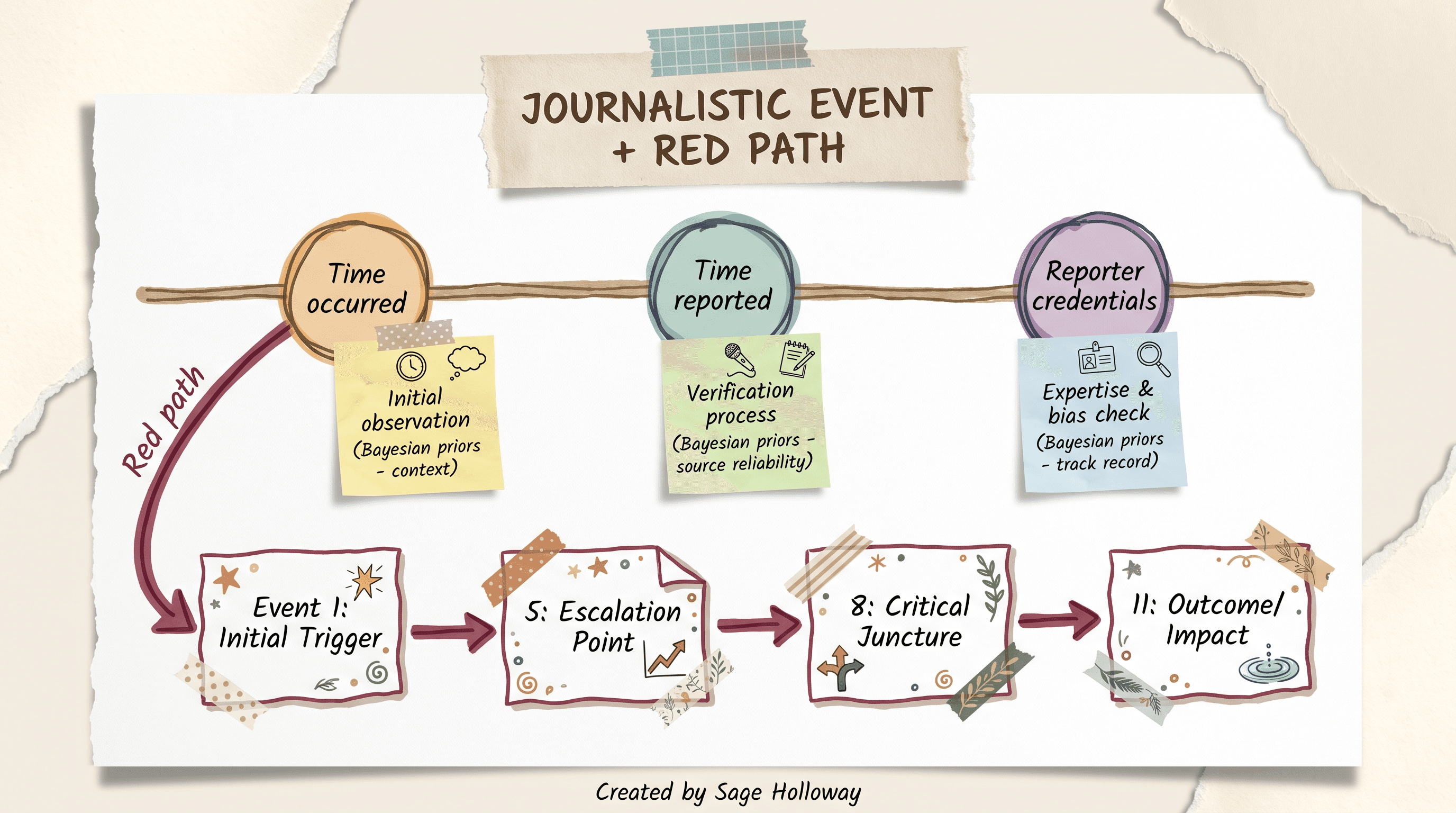 Scrapbook diagram of a market event timeline with a highlighted red causal path and Bayesian annotation notes
