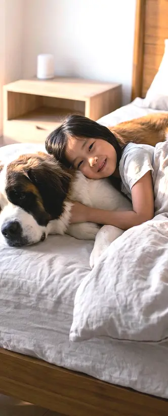 singaporean girl with pet dog in bedroom