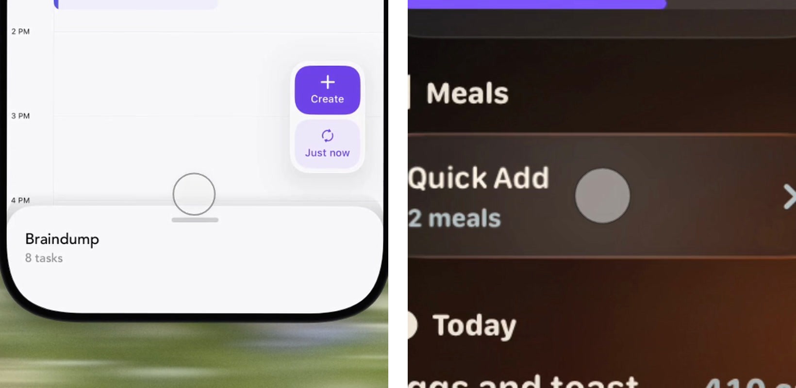 Two enlarged close-ups. Left, a nearly clear circle with a thin gray ring above a white sheet in a light iPhone app. Right, a solid light gray disc on a dark Quick Add row in an Apple Watch app