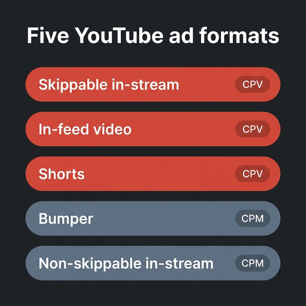 List of five YouTube ad formats labeled CPV or CPM