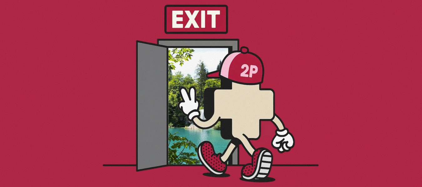 2P cartoon character walking through an exit door into a calm outdoor scene, symbolizing brands proactively leaving 1P for a better path.