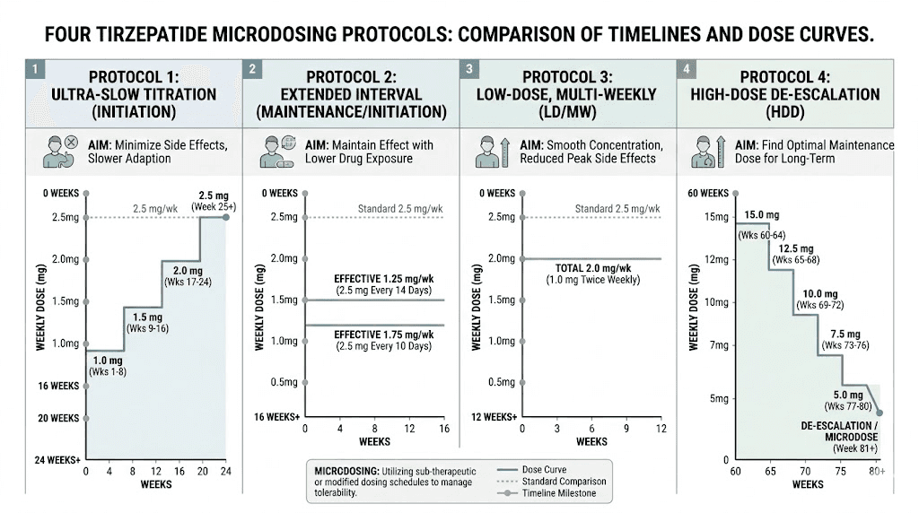 Four tirzepatide microdosing protocol schedules compared side by side