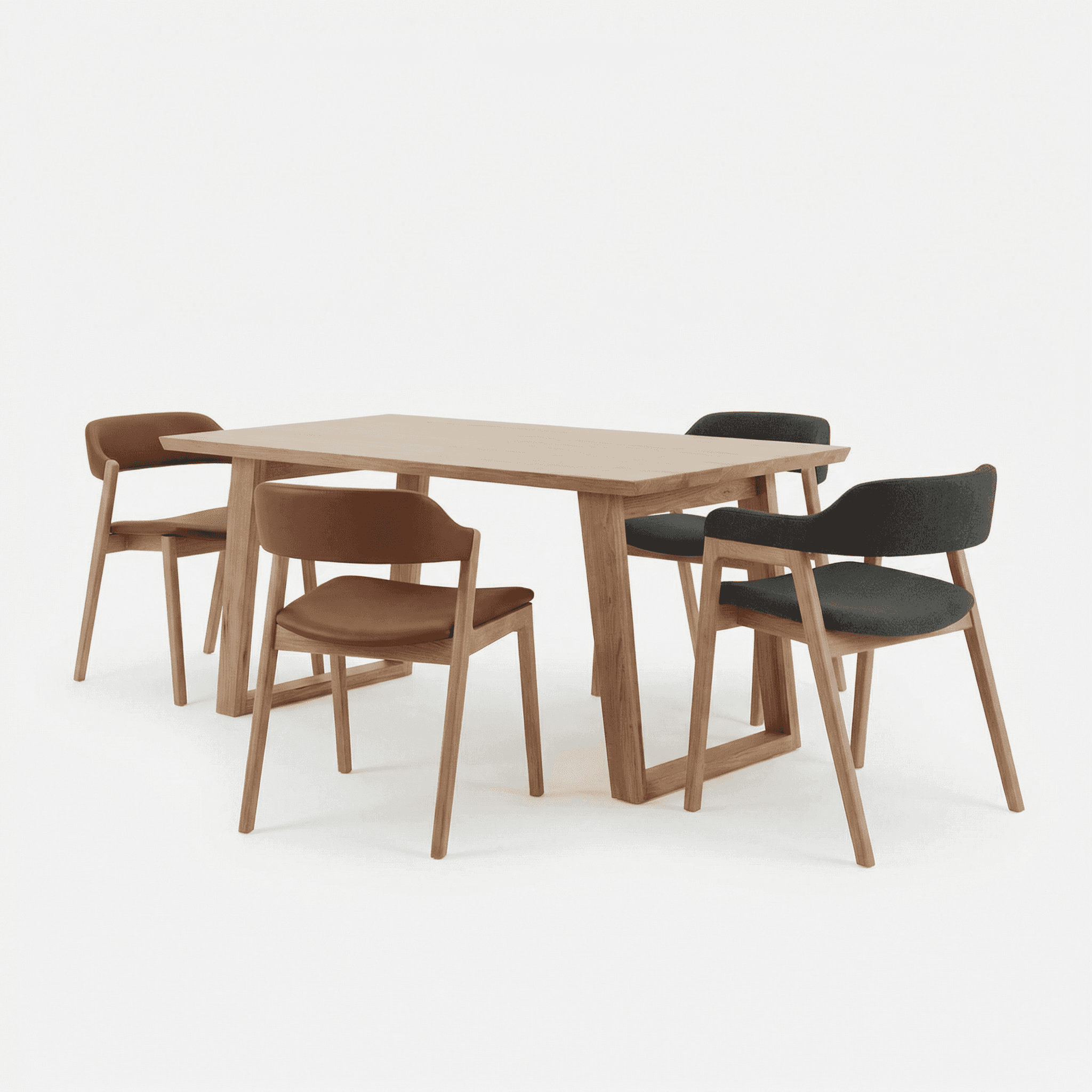Straight‑lined wooden dining set with slim legs and softly cushioned dining chairs