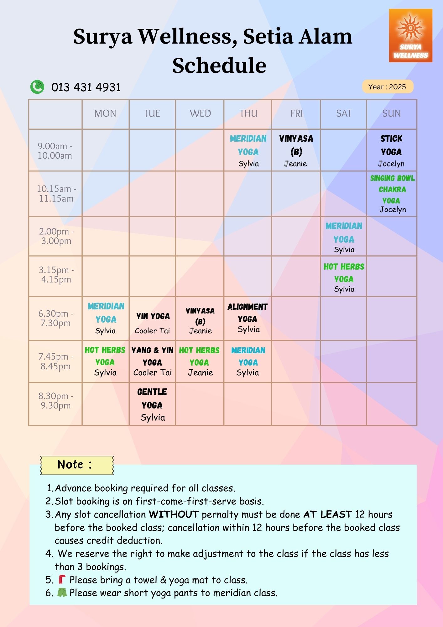 Surya Wellness Setia Alam Schedule