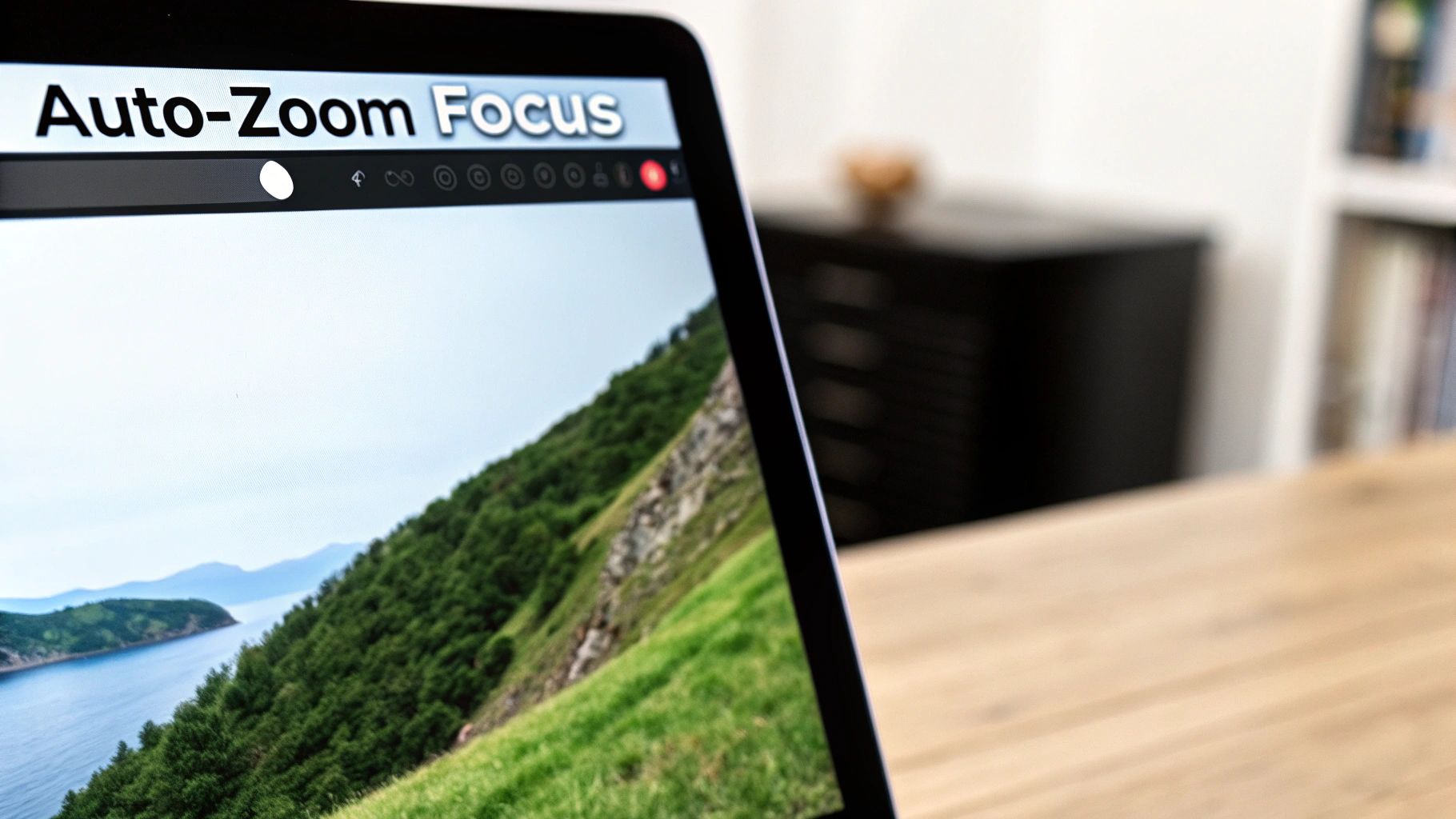 Laptop screen displaying 'Auto-Zoom Focus' title and a beautiful landscape of water and green hills.
