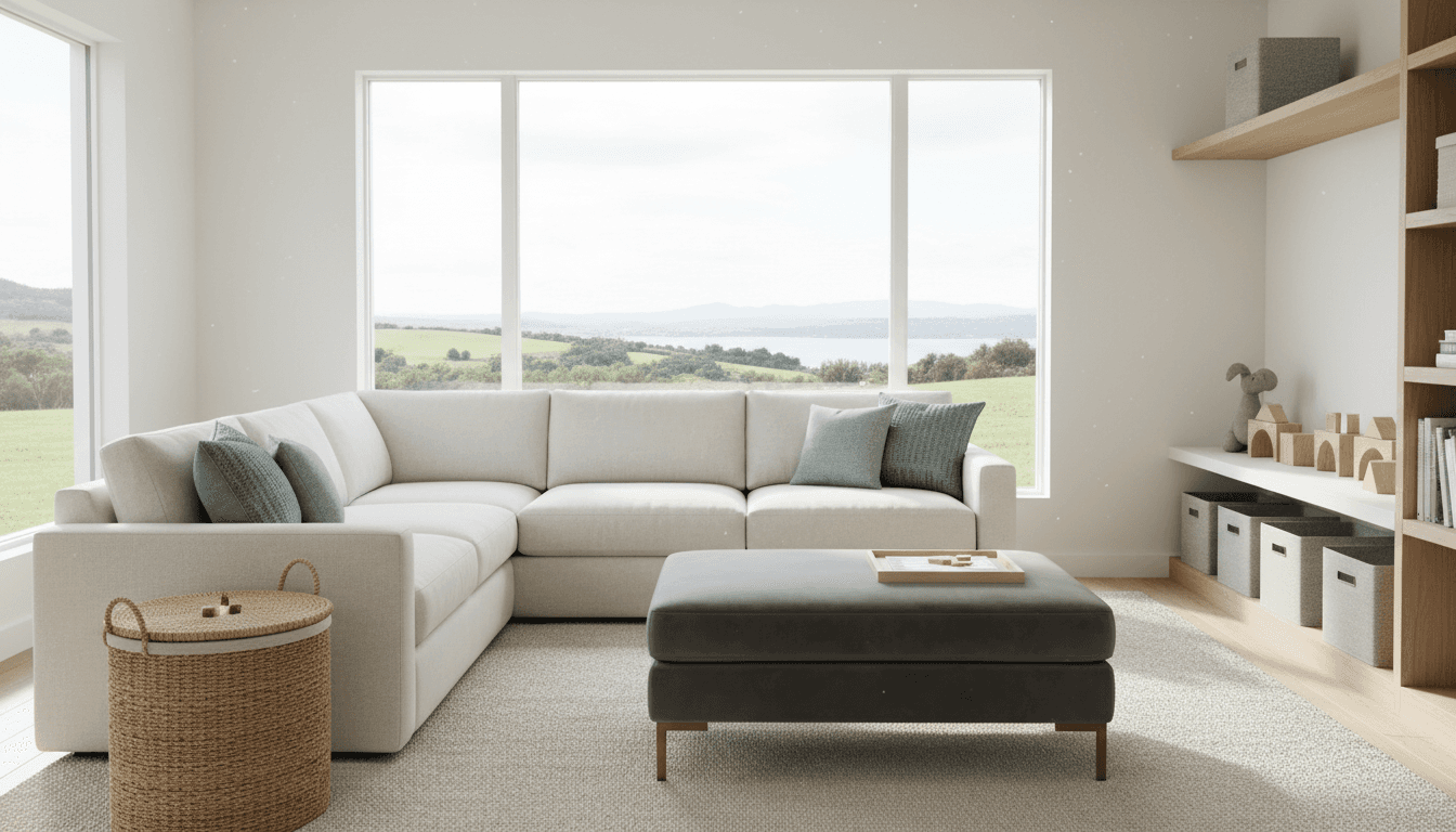 Modern living room with a spacious light-colored sectional sofa, decorative pillows, round wooden coffee table, and gray ottoman, illuminated by natural light from large windows with a scenic landscape view.
