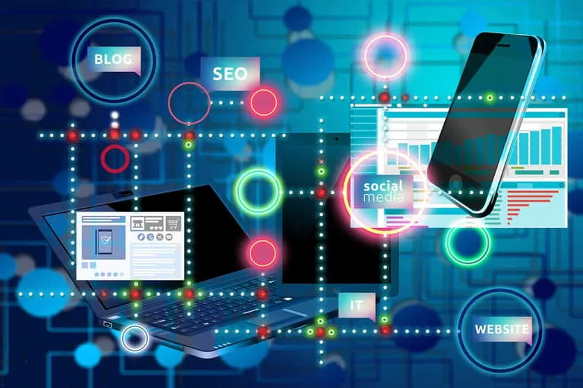 Digital marketing illustration with a laptop, smartphone, and interconnected icons for blog, SEO, social media, IT, and website, all set against a blue, tech-themed background.
