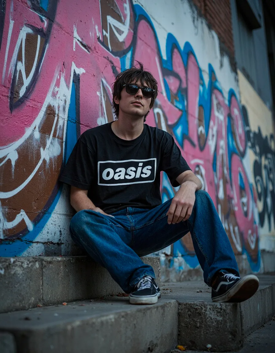 Person in black Oasis t-shirt and jeans sitting on concrete steps against colorful pink and blue graffiti wall in urban setting