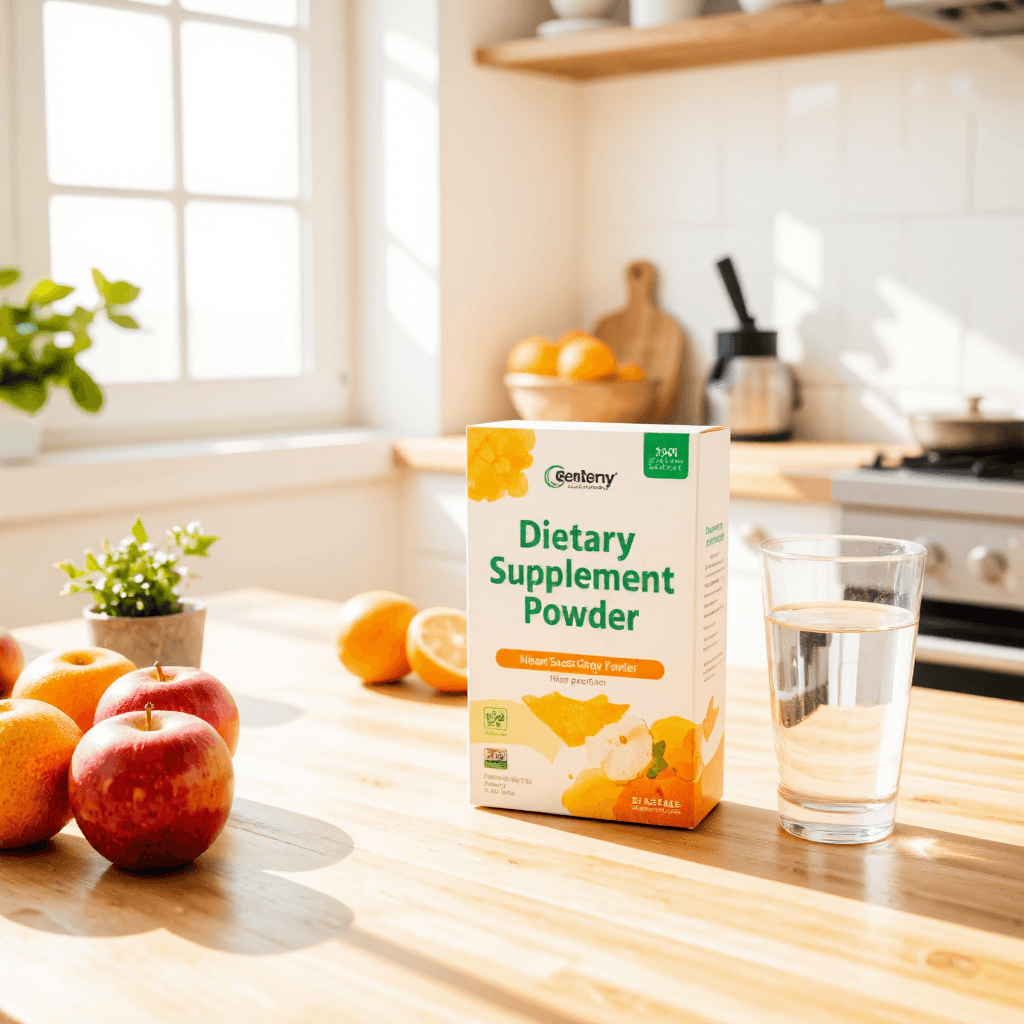 product photography of a box of dietary supplement powder