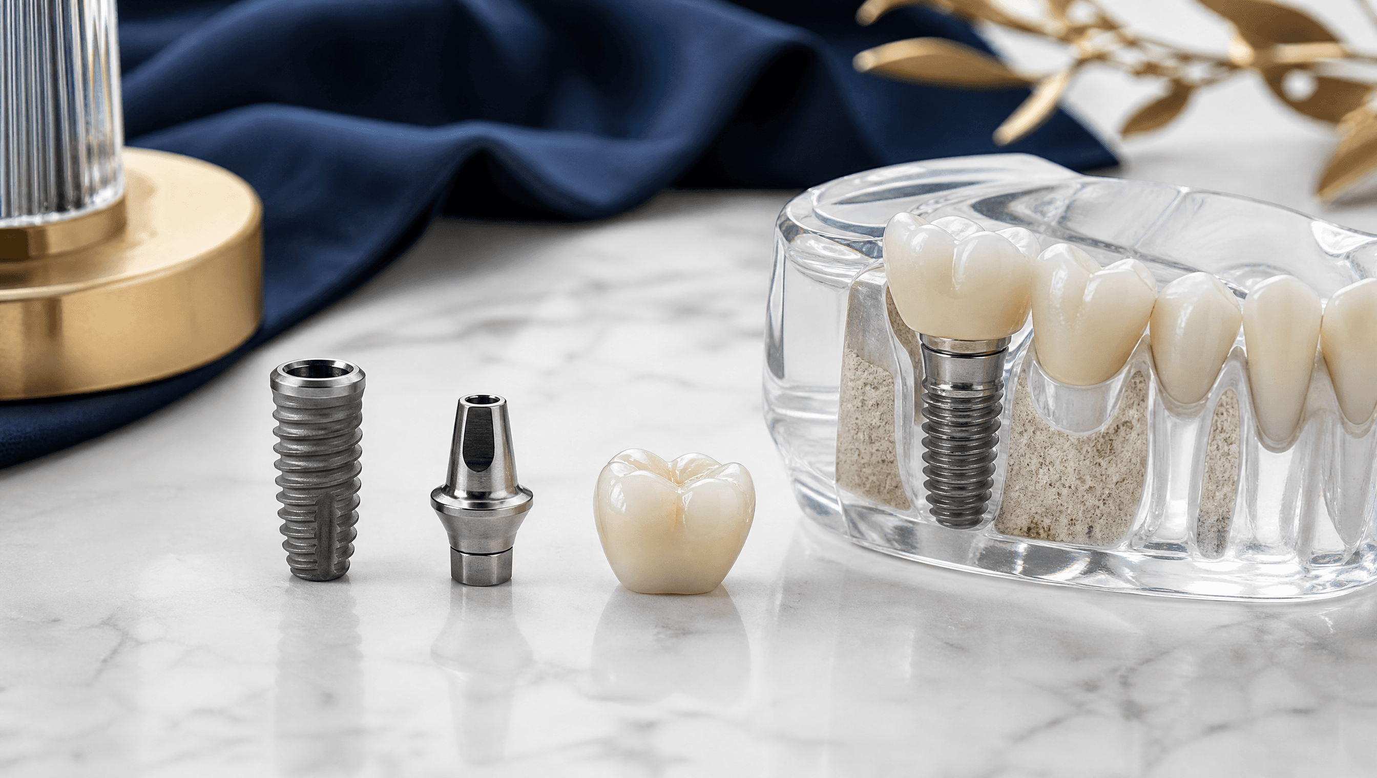 A titanium dental implant post, abutment and ceramic crown beside a clear jaw model on a marble surface