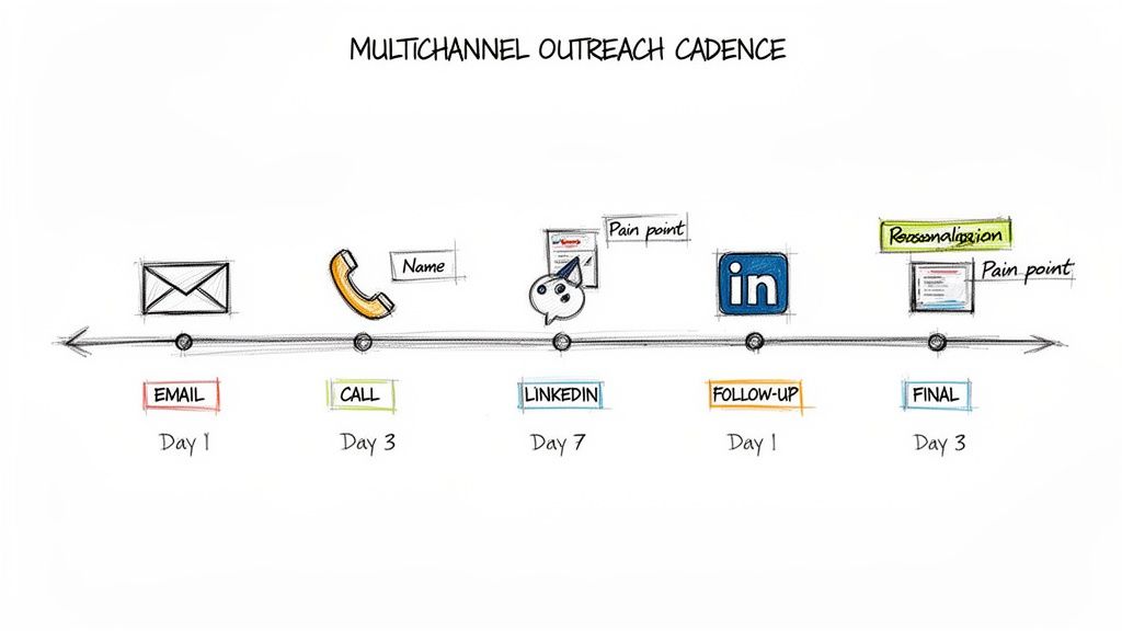 A timeline illustrating a multichannel outreach cadence, detailing email, call, LinkedIn, and follow-up steps across different days.