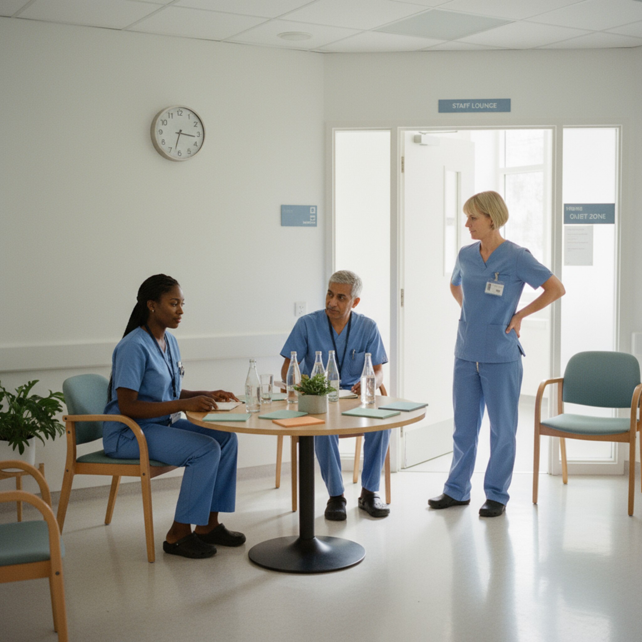 Ein heller Besprechungsraum, der für eine Übergabe vorbereitet ist. Stühle stehen im Halbkreis, auf dem Tisch liegen dezent farbige Notizblöcke und Wasserflaschen. Eine Uhr an der Wand zeigt kurz vor Beginn. Die Tür steht offen, die Atmosphäre wirkt geordnet und bereit.