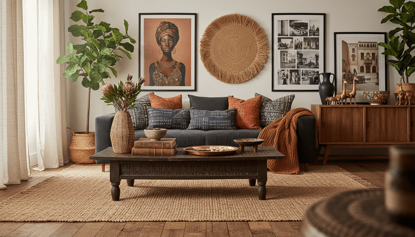 Bold textiles, warm woods, and handcrafted pieces, layered with intention in a Living Room