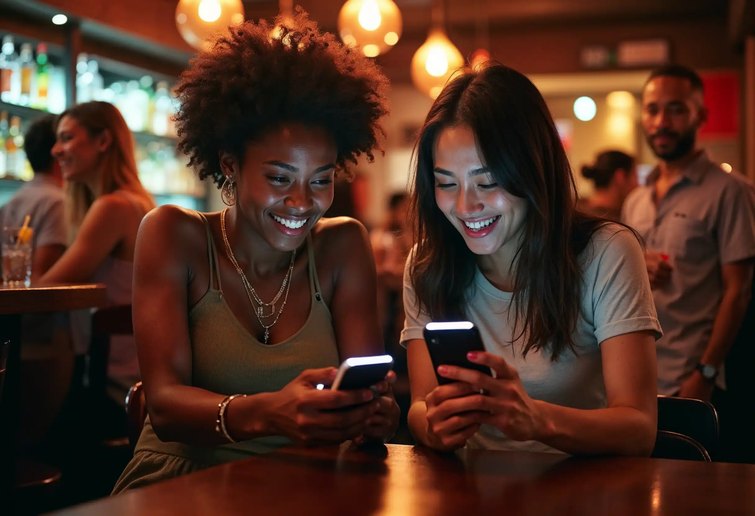 two women in their mid 20s use their phones at a bar while smiling and showing each other their phones