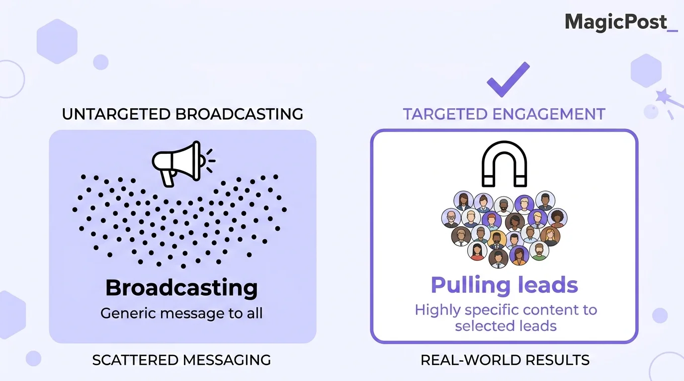 Infographic comparing untargeted broadcasting versus targeted engagement on LinkedIn for pulling leads