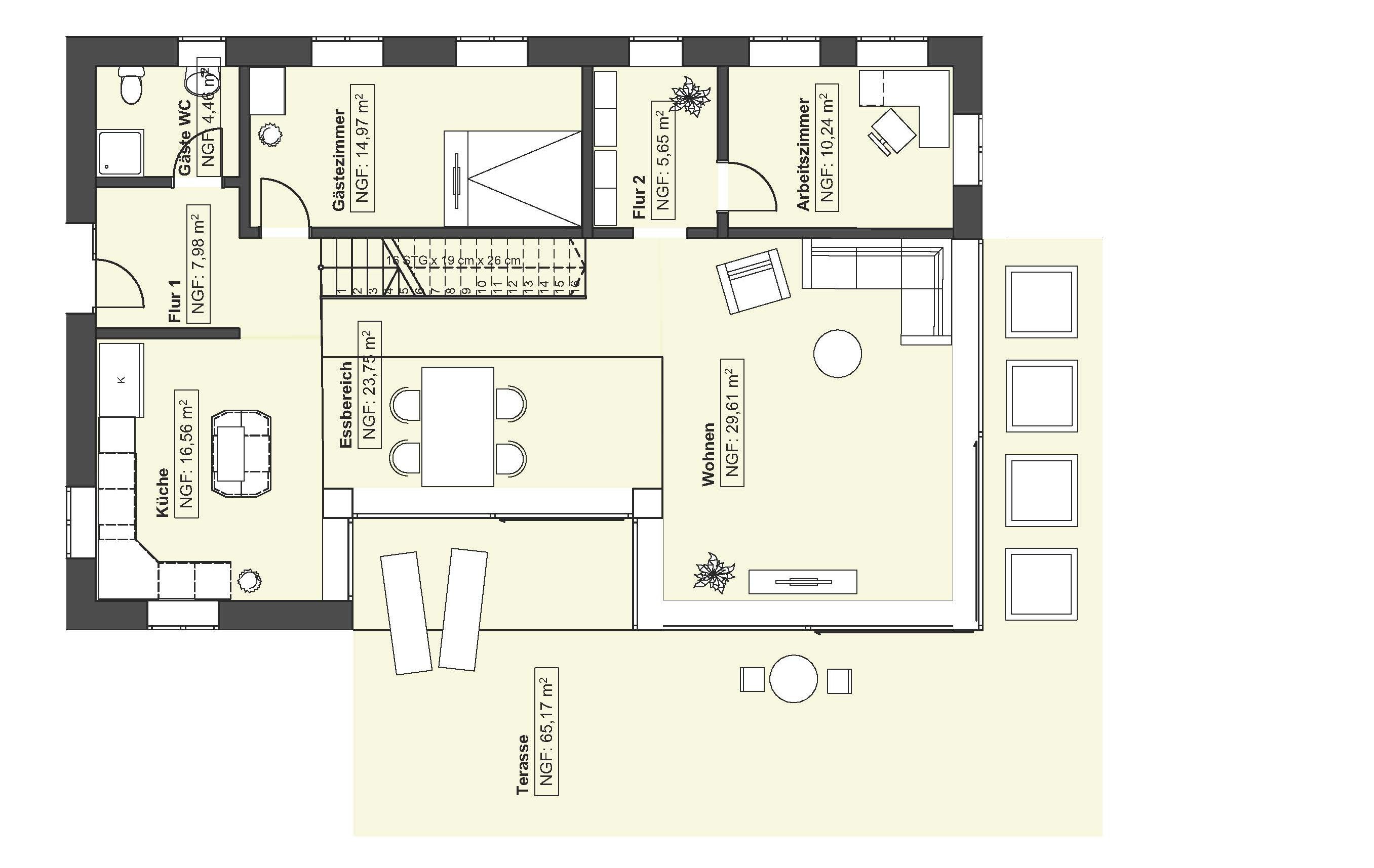 Isometrische Zeichnung eines Bauprojekts mit mehreren Gebäuden und markierten Strukturen in Rot