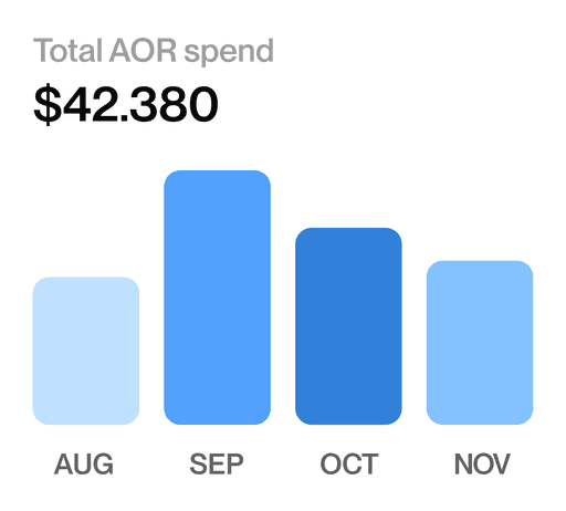 Graph showing the total AOR spend of 42.380$ over August, September, October, and November.