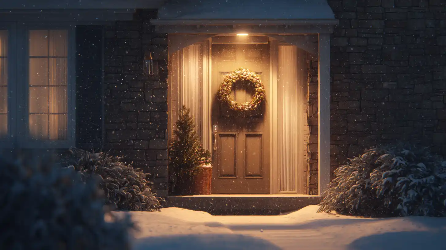 A door at a Canadian house during Christmas time, snowy winter.