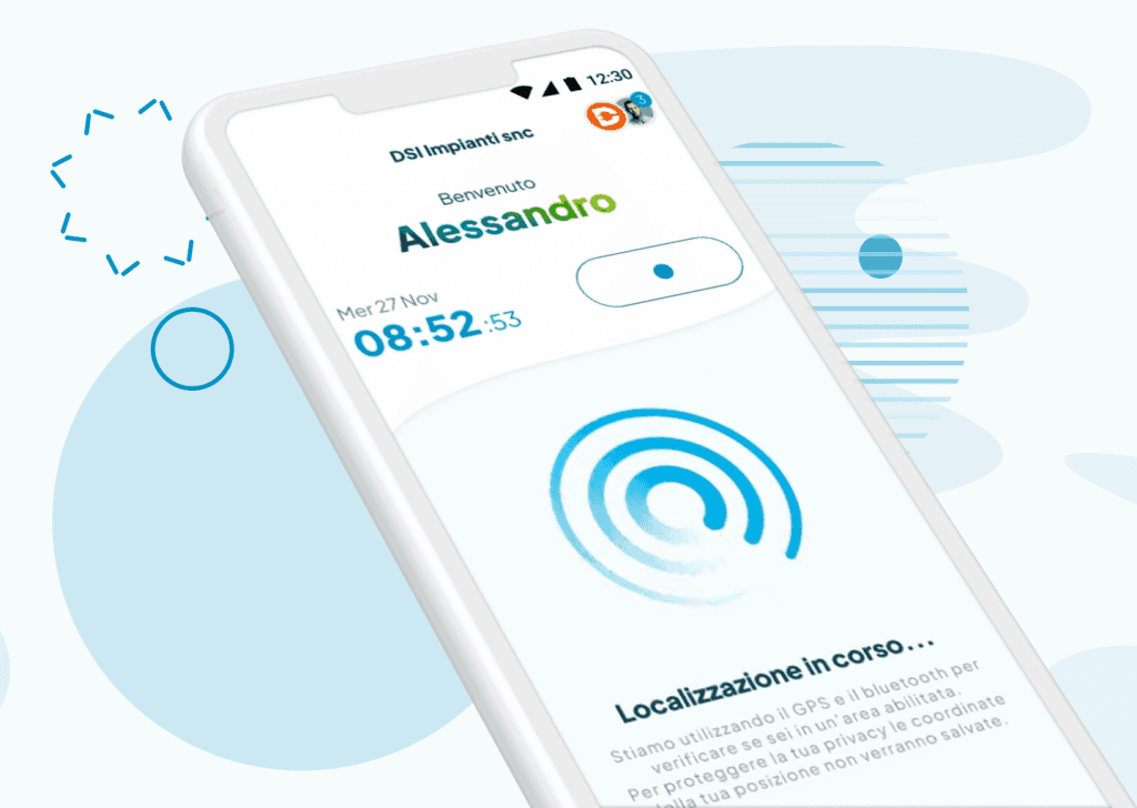 Una schermata di Fluida nel momento in cui viene premuto “Entra” e compaiono i cerchi azzurri per la ricerca del segnale per la timbratura