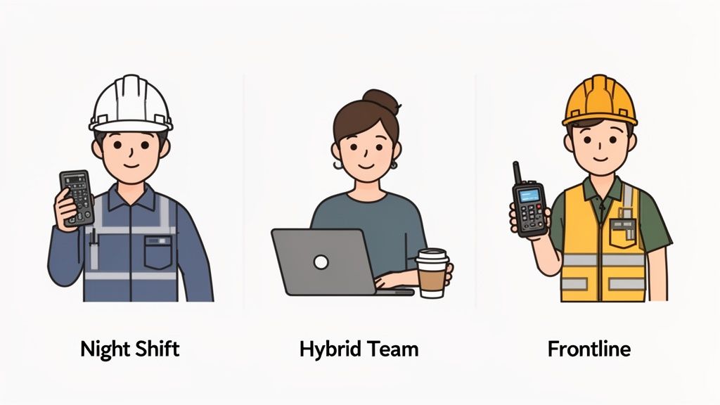 Three cartoon illustrations showing different workers: night shift, hybrid team, and frontline staff.