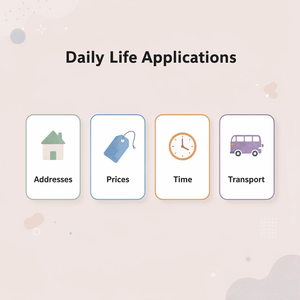 Infographic showing four daily life applications of Eastern Arabic numerals