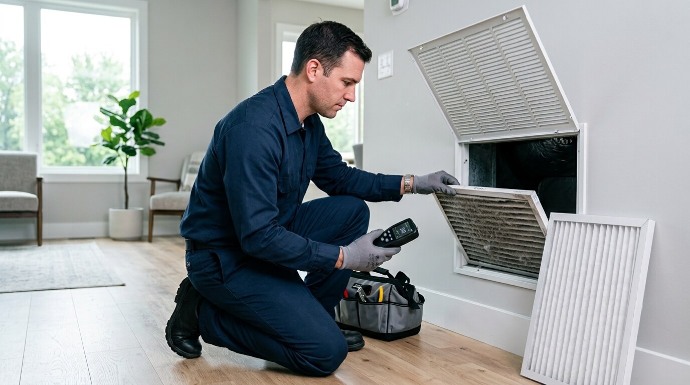 HVAC tech inspecting vents