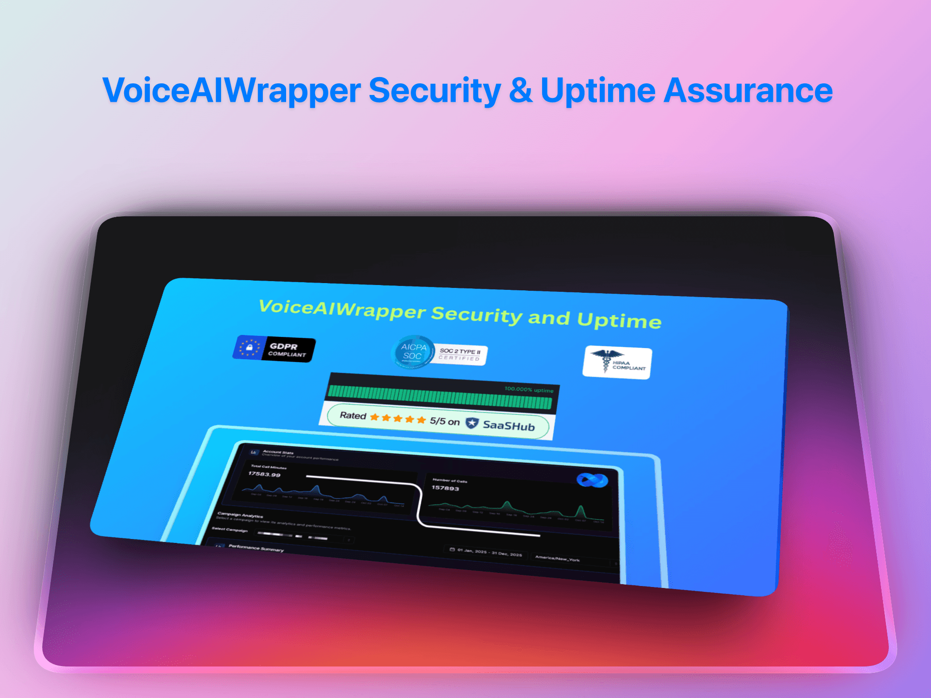 VoiceAIWrapper security and uptime assurance with GDPR, SOC 2, HIPAA compliance and 5-star SaaSHub rating | VoiceAIWrapper